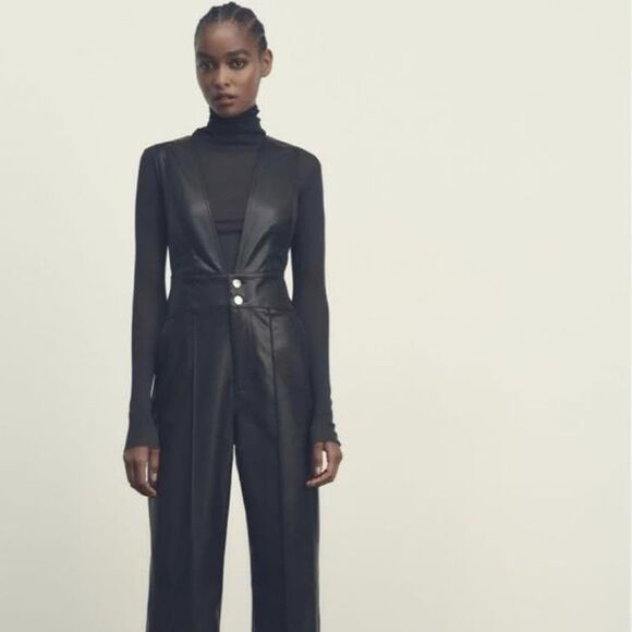Zara Faux Leather Overalls Jumpsuit XS NWT bloggers favorite straight leg - Picture 1 of 11